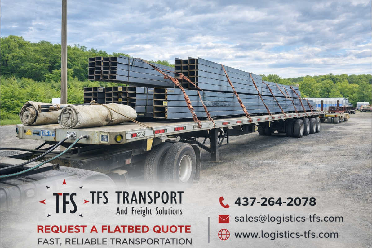flatbed truck transporting structural steel beams for construction projects in Toronto GTA
