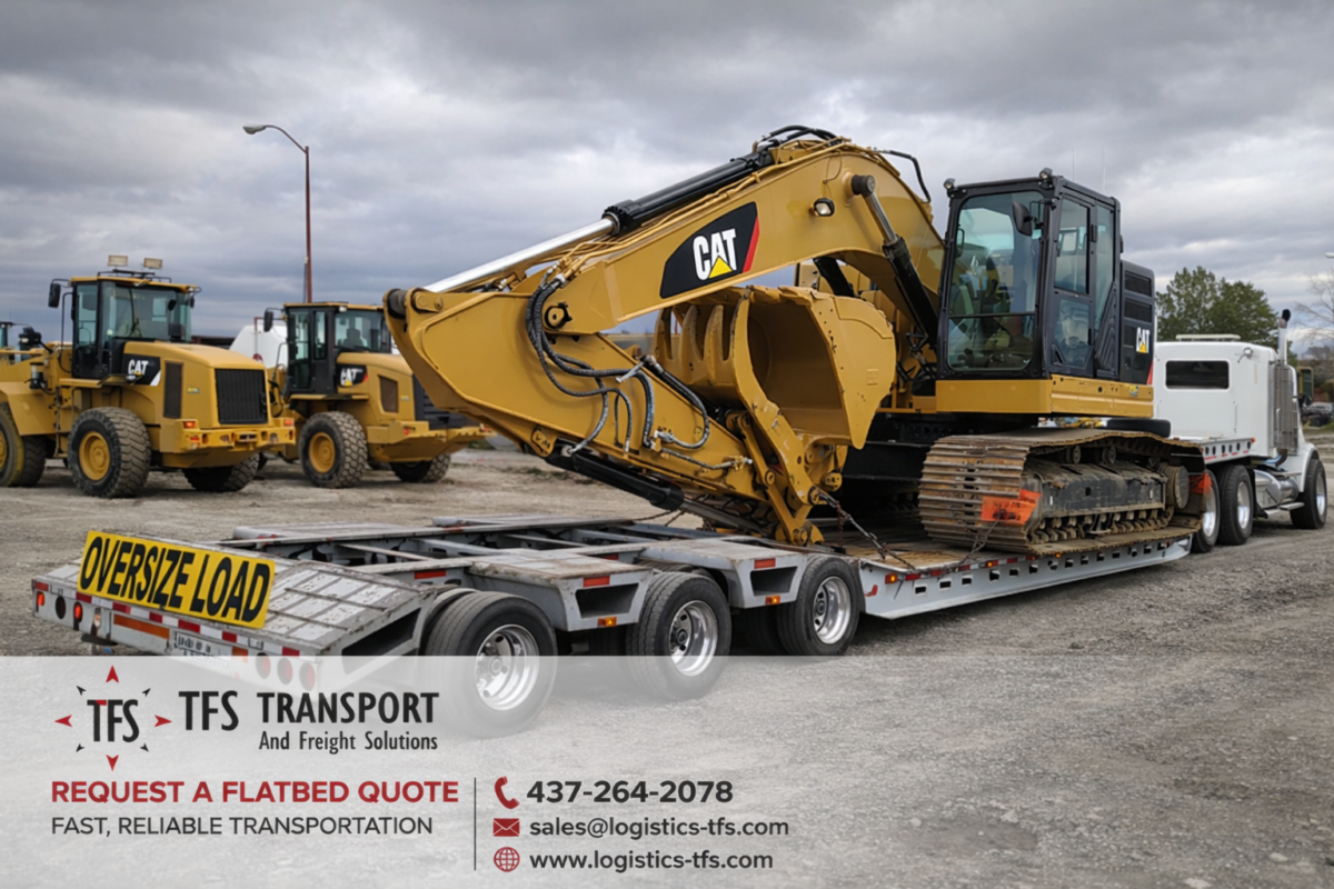 flatbed trailer transporting excavator for construction project in Ontario