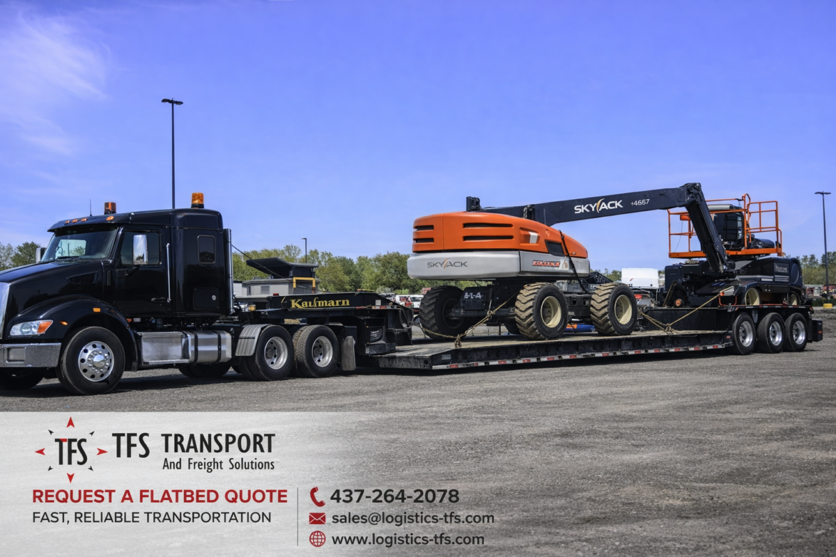 Flatbed trailer transporting boom lift equipment in Barrie Ontario