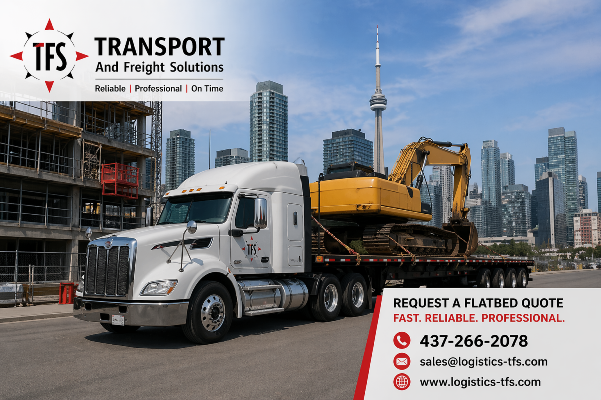 Flatbed transport GTA truck delivering construction equipment in Toronto by TFS Logistics