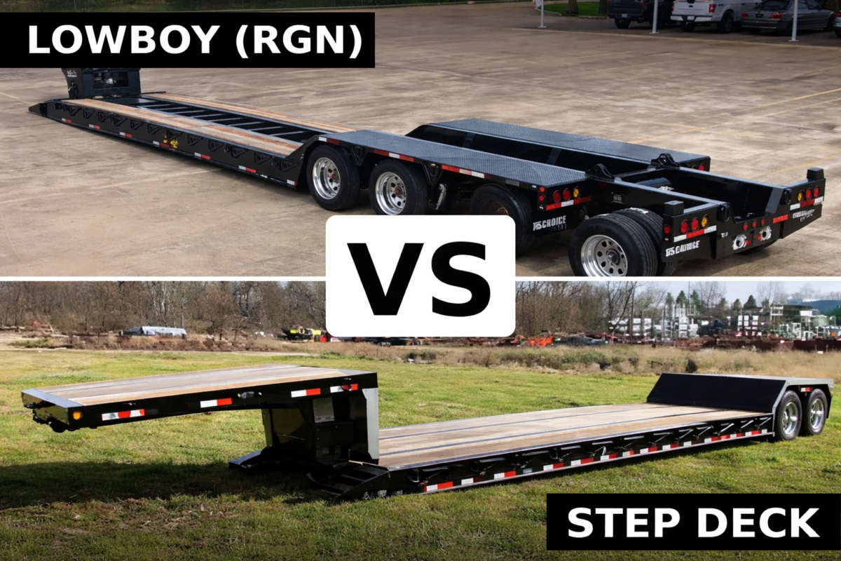 Lowboy (RGN) vs step deck trailer comparison for transporting construction equipment in Ontario