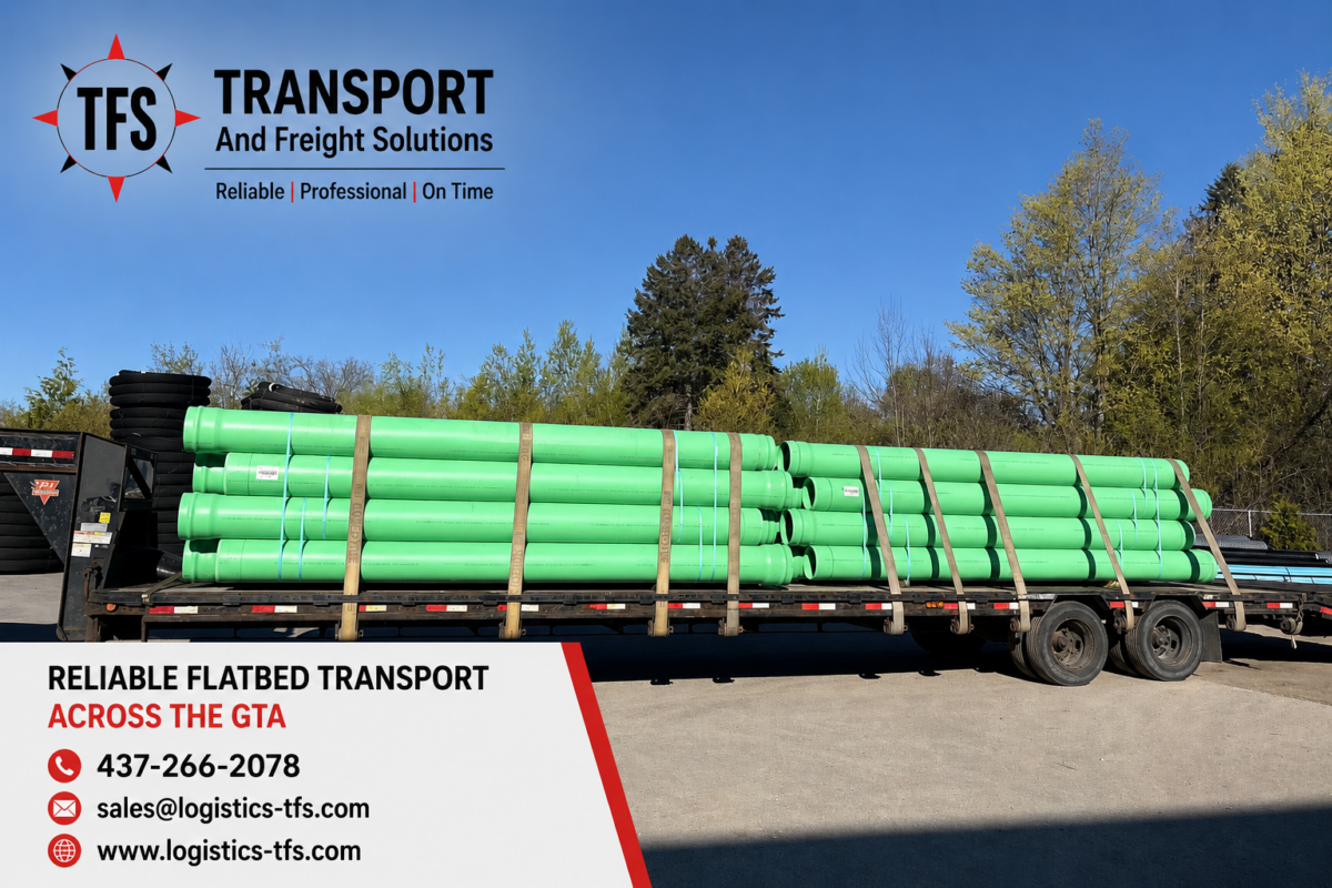 Flatbed trailer transporting green pipe materials in the GTA by Transport Freight Solutions (TFS Logistics)