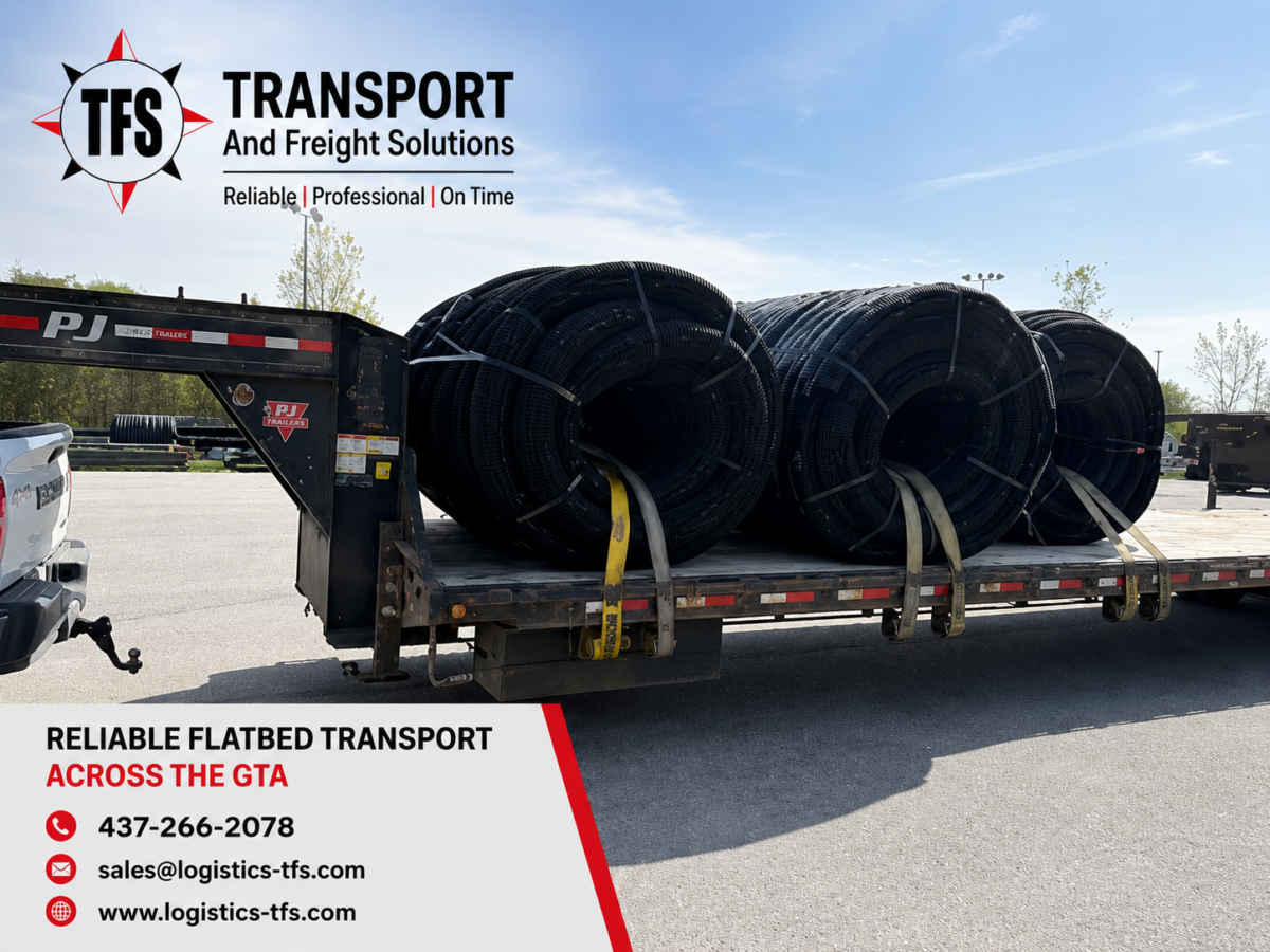 Flatbed trailer transporting industrial pipe coils across the GTA by Transport Freight Solutions (TFS Logistics)