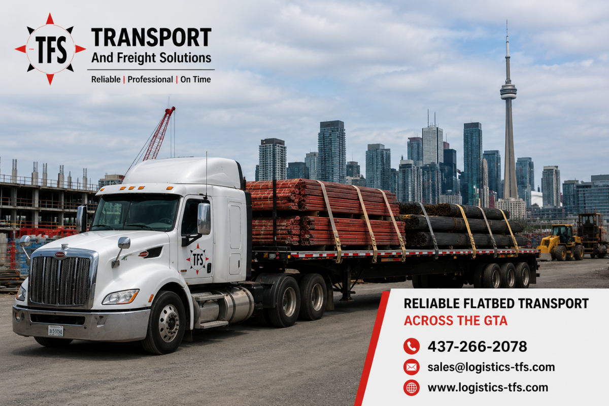 Reliable flatbed carrier in Toronto delivering construction materials for TFS Logistics
