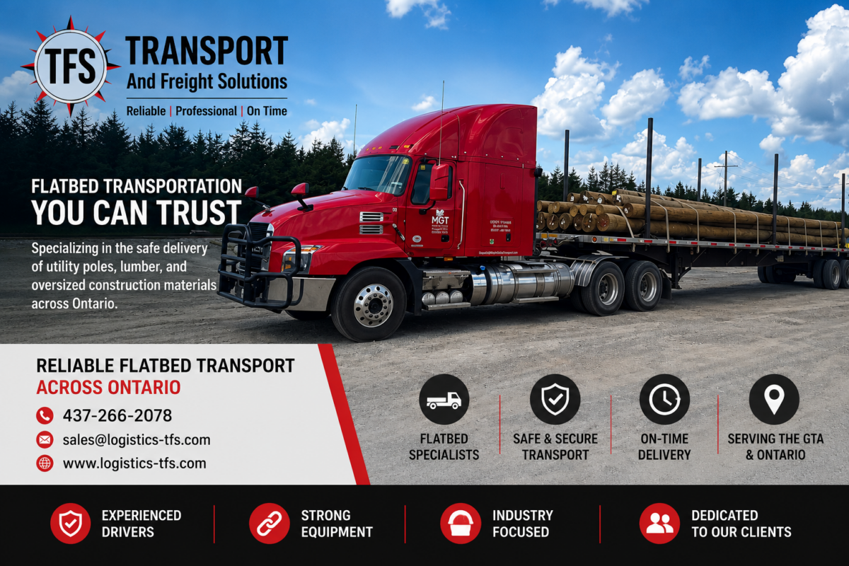 Flatbed trailer transporting utility poles across Ontario by Transport Freight Solutions (TFS Logistics)
