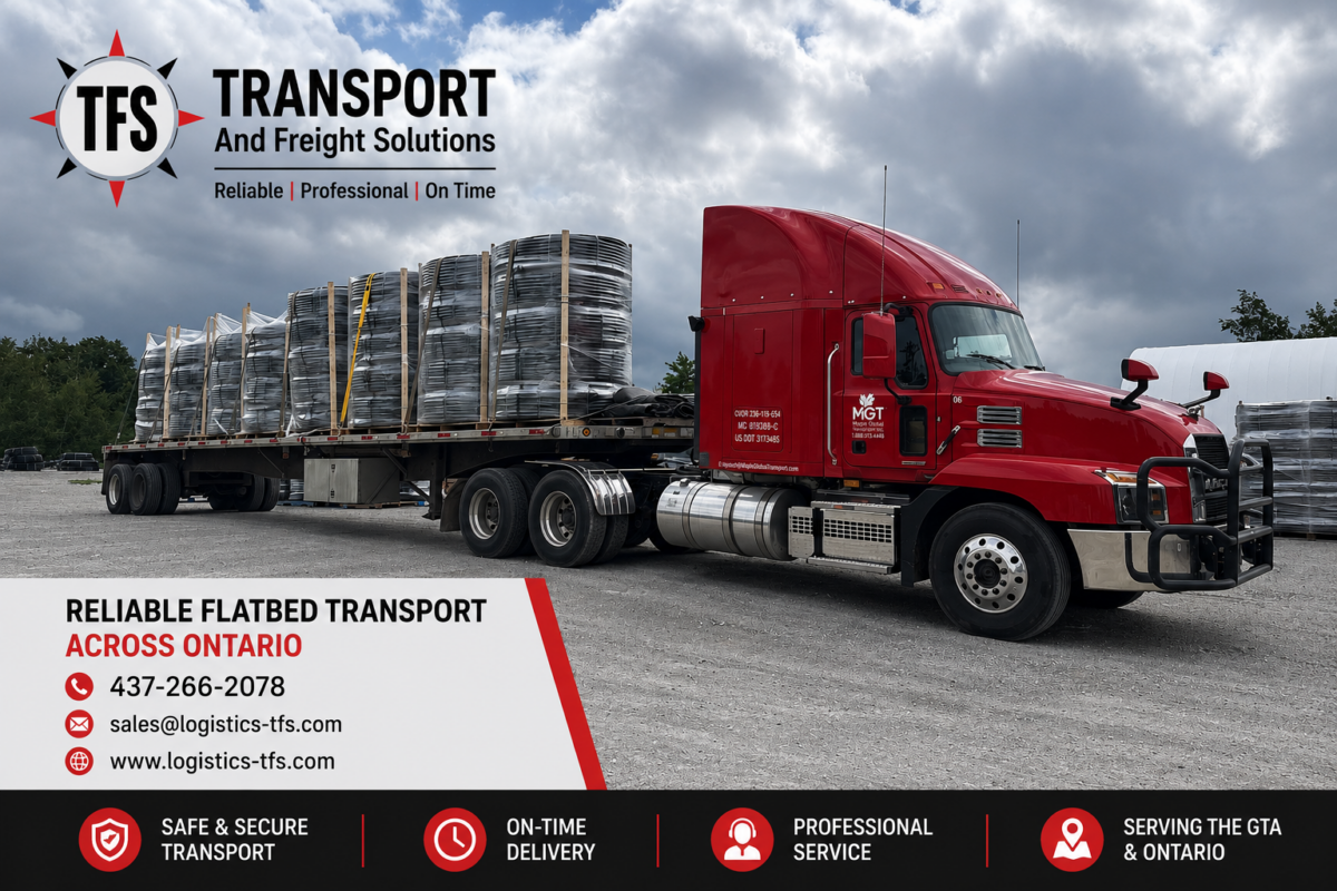 Flatbed transportation supporting infrastructure projects across Ontario by Transport Freight Solutions (TFS Logistics)